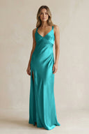 V - Neck Sheath Satin Bridesmaid Dress With Slit in Turquoise - KISS BRIDAL Bridesmaid Dresses