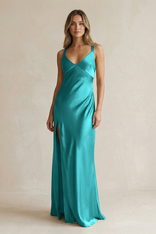V - Neck Sheath Satin Bridesmaid Dress With Slit in Turquoise - KISS BRIDAL Bridesmaid Dresses