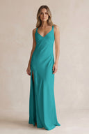 V-Neck Sheath Satin Bridesmaid Dress With Slit in Turquoise | KISSBRIDAL