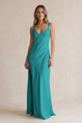 V-Neck Sheath Satin Bridesmaid Dress With Slit in Turquoise | KISSBRIDAL