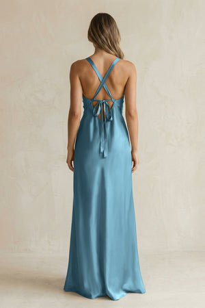 V - Neck Sheath Satin Bridesmaid Dress With Slit in Twilight - KISS BRIDAL Bridesmaid Dresses