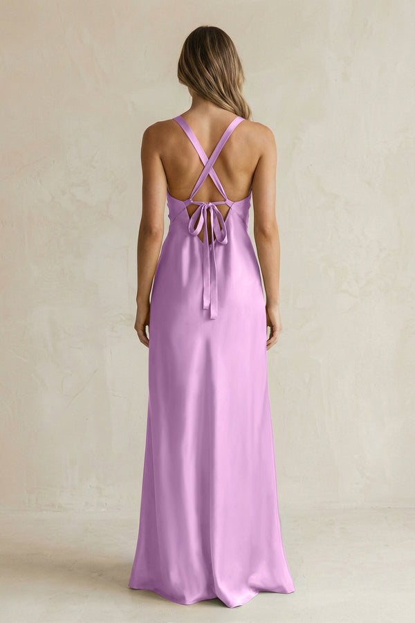 V - Neck Sheath Satin Bridesmaid Dress With Slit in Vintage Mauve - KISS BRIDAL Bridesmaid Dresses