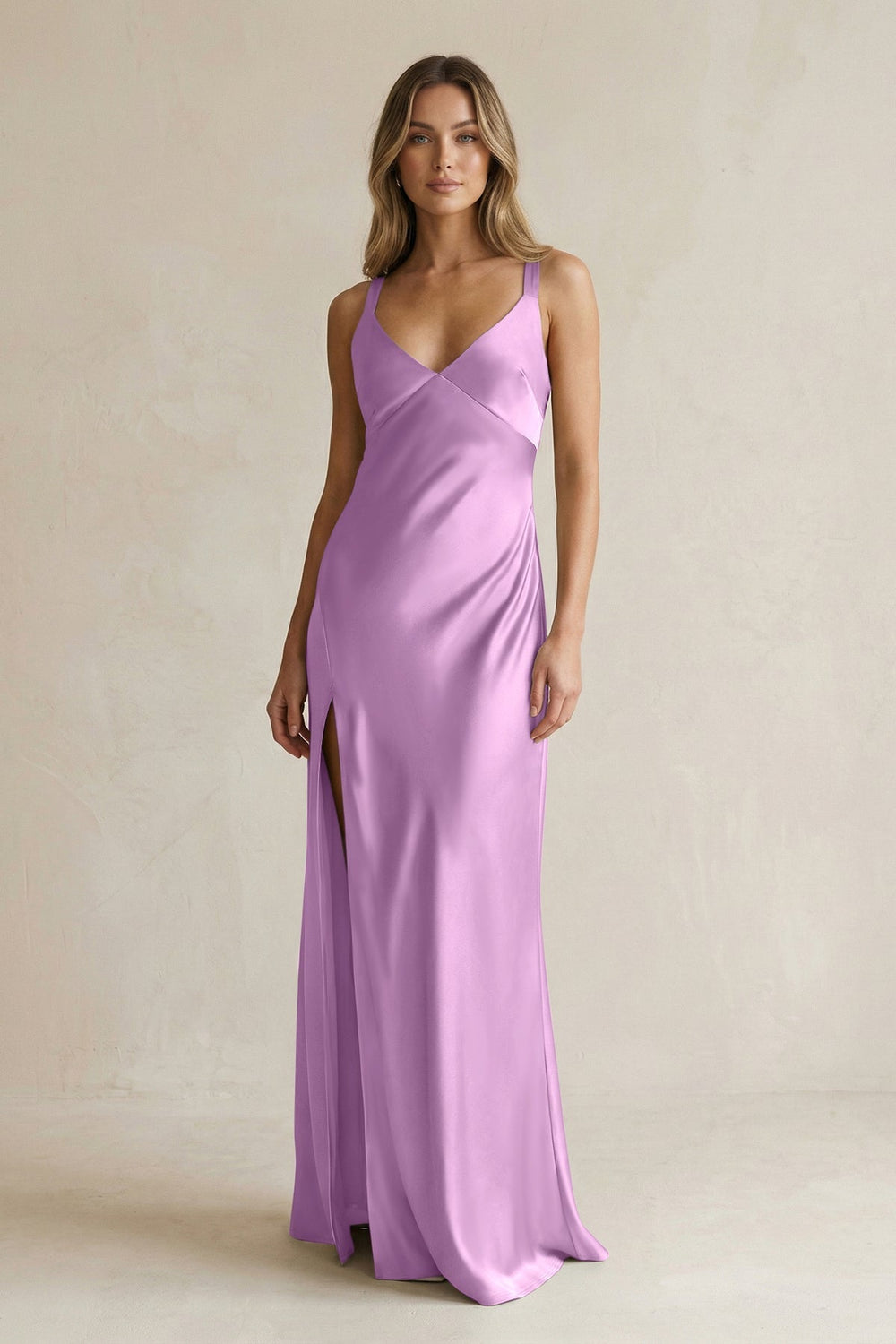 V - Neck Sheath Satin Bridesmaid Dress With Slit in Vintage Mauve - KISS BRIDAL Bridesmaid Dresses