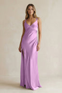 V - Neck Sheath Satin Bridesmaid Dress With Slit in Vintage Mauve - KISS BRIDAL Bridesmaid Dresses