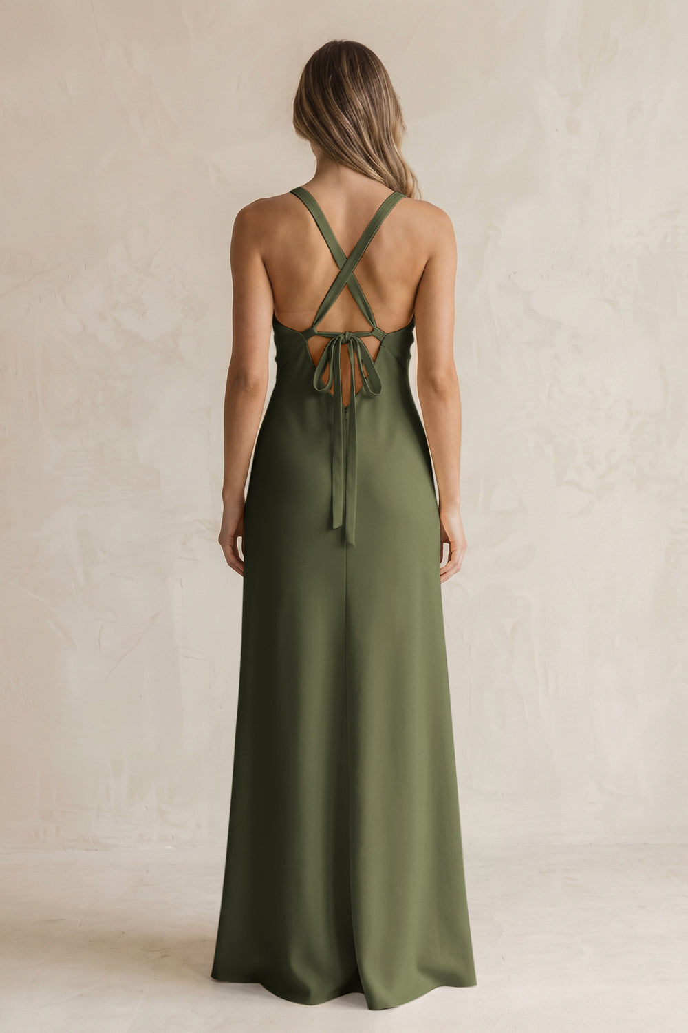 V-Neck Sheath Satin Bridesmaid Dress With Slit in Willow Green