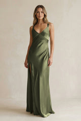V - Neck Sheath Satin Bridesmaid Dress With Slit in Willow Green - KISS BRIDAL Bridesmaid Dresses