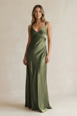 V - Neck Sheath Satin Bridesmaid Dress With Slit in Willow Green - KISS BRIDAL Bridesmaid Dresses