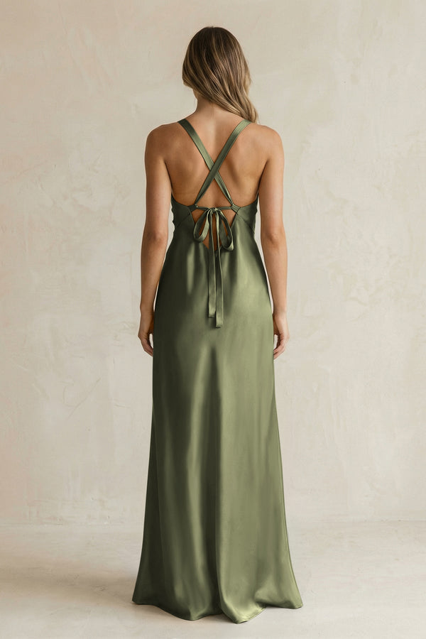 V - Neck Sheath Satin Bridesmaid Dress With Slit in Willow Green - KISS BRIDAL Bridesmaid Dresses
