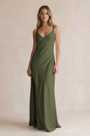 V-Neck Sheath Satin Bridesmaid Dress With Slit in Willow Green | KISSBRIDAL