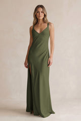 V-Neck Sheath Satin Bridesmaid Dress With Slit in Willow Green | KISSBRIDAL