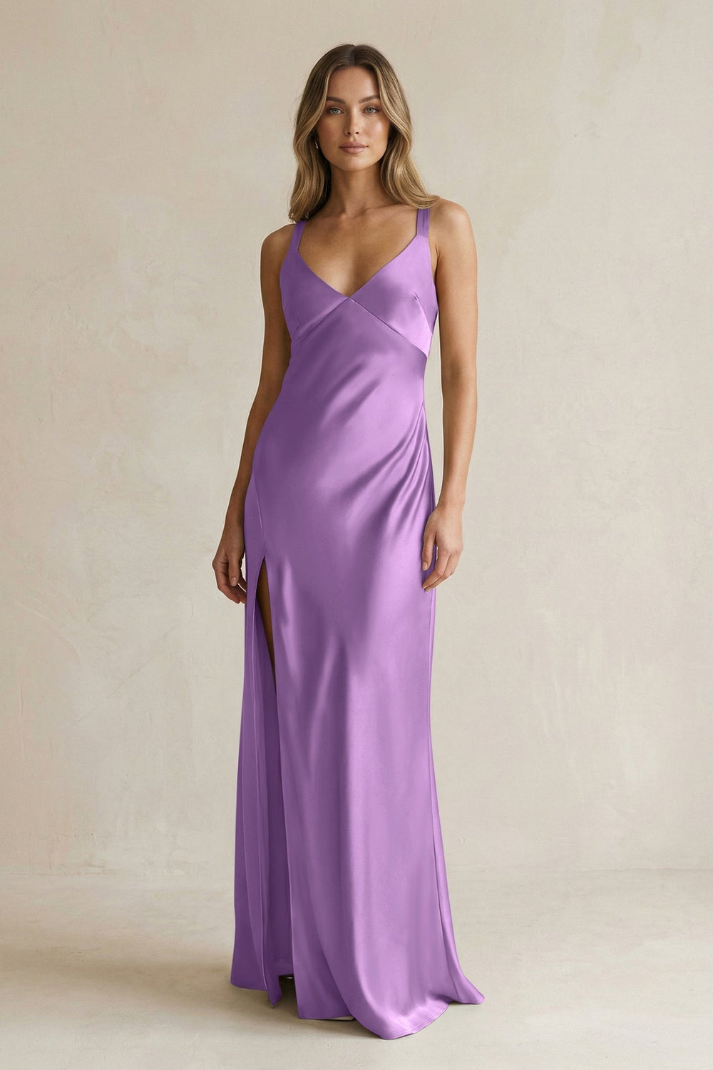 V - Neck Sheath Satin Bridesmaid Dress With Slit in Wisteria - KISS BRIDAL Bridesmaid Dresses