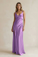 V - Neck Sheath Satin Bridesmaid Dress With Slit in Wisteria - KISS BRIDAL Bridesmaid Dresses