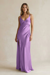 V - Neck Sheath Satin Bridesmaid Dress With Slit in Wisteria - KISS BRIDAL Bridesmaid Dresses
