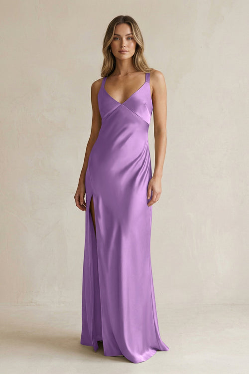 V - Neck Sheath Satin Bridesmaid Dress With Slit in Wisteria - KISS BRIDAL Bridesmaid Dresses
