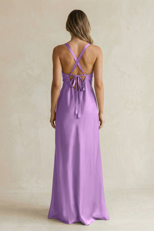 V - Neck Sheath Satin Bridesmaid Dress With Slit in Wisteria - KISS BRIDAL Bridesmaid Dresses
