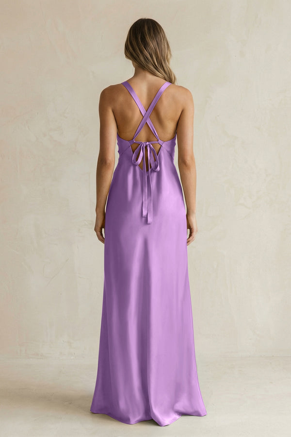 V - Neck Sheath Satin Bridesmaid Dress With Slit in Wisteria - KISS BRIDAL Bridesmaid Dresses