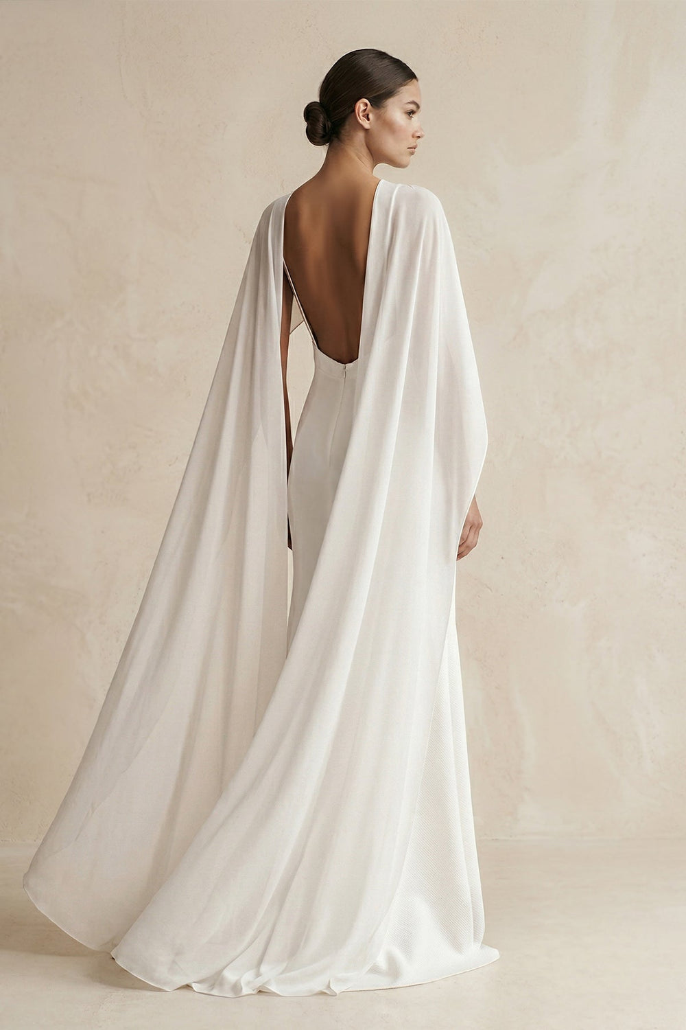 V - neck Sheath Satin Detachable Cape Wedding Dress in White - KISS BRIDAL Wedding Dresses