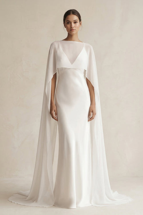 V - neck Sheath Satin Detachable Cape Wedding Dress in White - SHE IS ME Wedding Dresses
