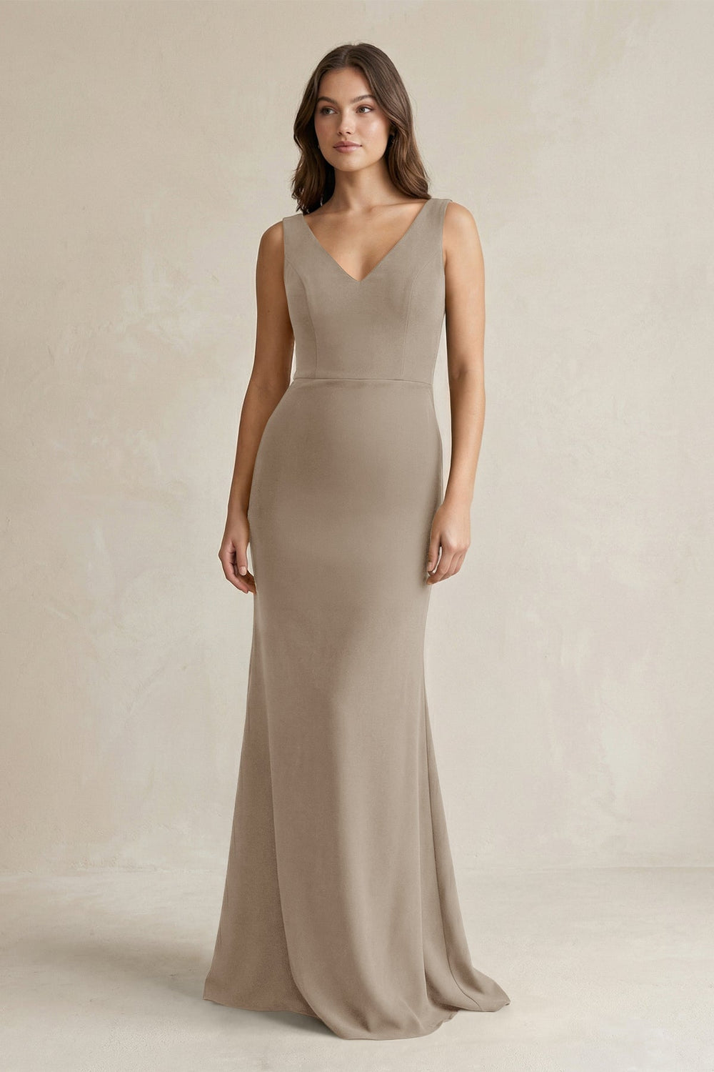 V - Neck Sheath Satin Maxi Bridesmaid Dress in Almond - SHE IS ME Bridesmaid Dresses