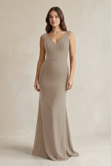 V - Neck Sheath Satin Maxi Bridesmaid Dress in Almond - KISS BRIDAL Bridesmaid Dresses