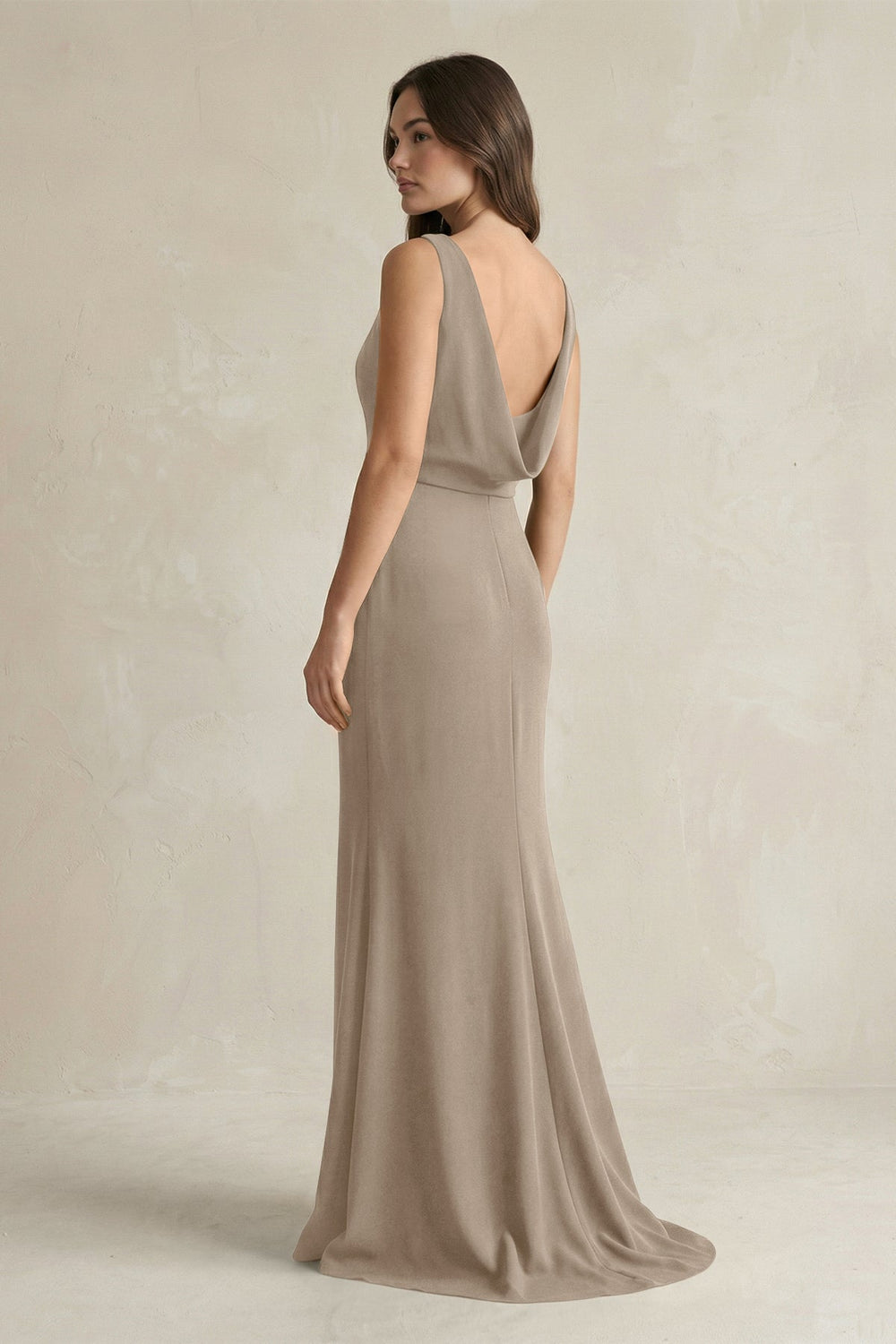 V - Neck Sheath Satin Maxi Bridesmaid Dress in Almond - SHE IS ME Bridesmaid Dresses
