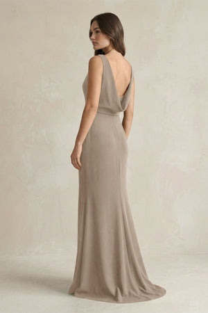 V - Neck Sheath Satin Maxi Bridesmaid Dress in Almond - KISS BRIDAL Bridesmaid Dresses