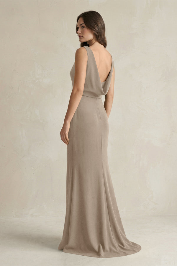 V - Neck Sheath Satin Maxi Bridesmaid Dress in Almond - KISS BRIDAL Bridesmaid Dresses
