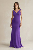 V - Neck Sheath Satin Maxi Bridesmaid Dress in Amethyst - SHE IS ME Bridesmaid Dresses