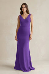 V - Neck Sheath Satin Maxi Bridesmaid Dress in Amethyst - KISS BRIDAL Bridesmaid Dresses