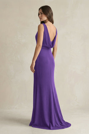 V - Neck Sheath Satin Maxi Bridesmaid Dress in Amethyst - SHE IS ME Bridesmaid Dresses