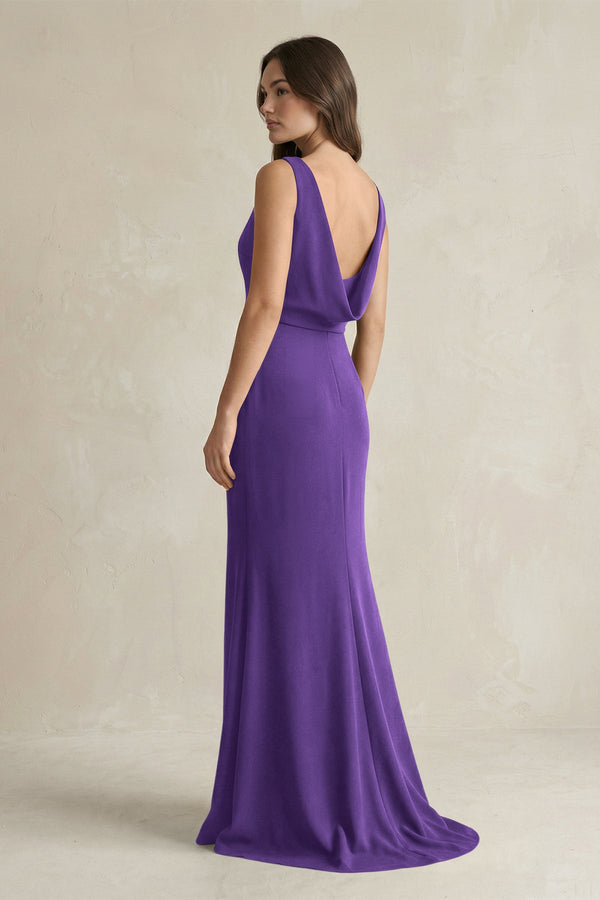V - Neck Sheath Satin Maxi Bridesmaid Dress in Amethyst - SHE IS ME Bridesmaid Dresses