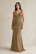 V - Neck Sheath Satin Maxi Bridesmaid Dress in Apple Cinnamon - KISS BRIDAL Bridesmaid Dresses