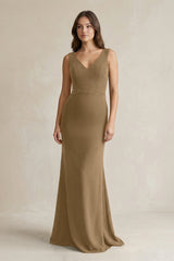 V - Neck Sheath Satin Maxi Bridesmaid Dress in Apple Cinnamon - KISS BRIDAL Bridesmaid Dresses