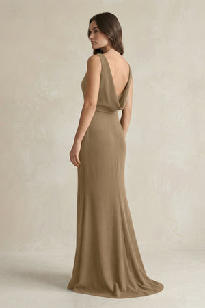 V - Neck Sheath Satin Maxi Bridesmaid Dress in Apple Cinnamon - KISS BRIDAL Bridesmaid Dresses