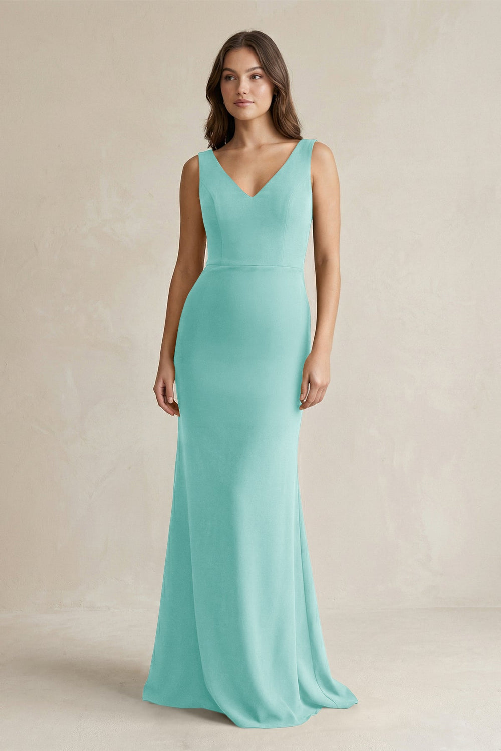 V - Neck Sheath Satin Maxi Bridesmaid Dress in Aqua - KISS BRIDAL Bridesmaid Dresses