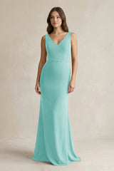 V - Neck Sheath Satin Maxi Bridesmaid Dress in Aqua - KISS BRIDAL Bridesmaid Dresses