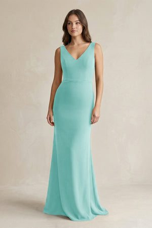 V - Neck Sheath Satin Maxi Bridesmaid Dress in Aqua - KISS BRIDAL Bridesmaid Dresses