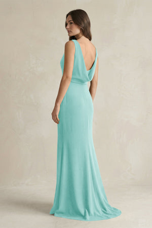 V - Neck Sheath Satin Maxi Bridesmaid Dress in Aqua - KISS BRIDAL Bridesmaid Dresses