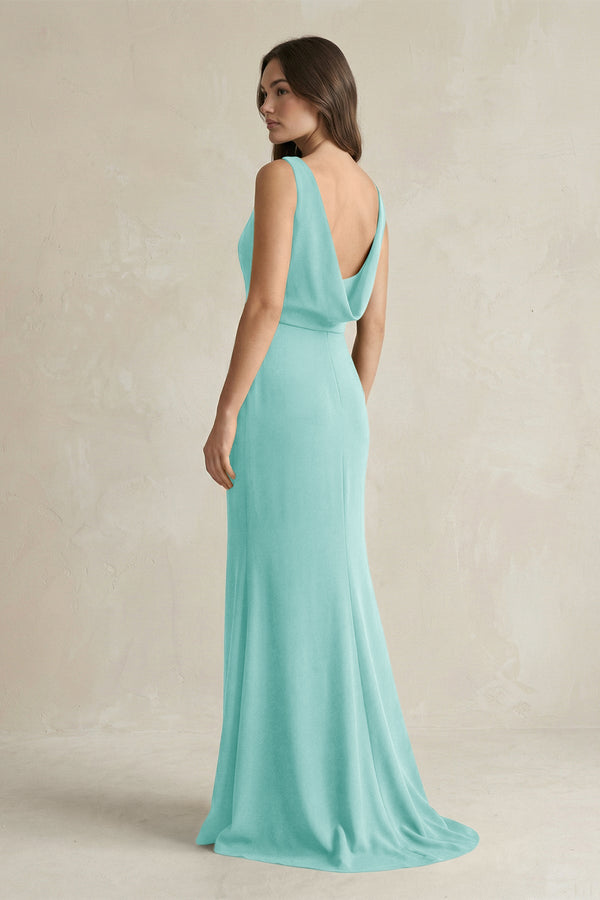 V - Neck Sheath Satin Maxi Bridesmaid Dress in Aqua - KISS BRIDAL Bridesmaid Dresses