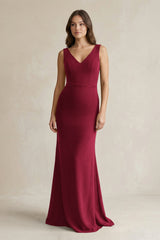 V - Neck Sheath Satin Maxi Bridesmaid Dress in Berry - KISS BRIDAL Bridesmaid Dresses