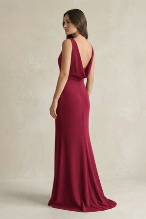 V - Neck Sheath Satin Maxi Bridesmaid Dress in Berry - SHE IS ME Bridesmaid Dresses