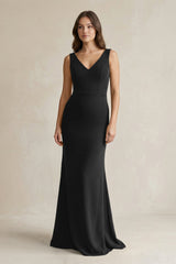V - Neck Sheath Satin Maxi Bridesmaid Dress in Black - KISS BRIDAL Bridesmaid Dresses