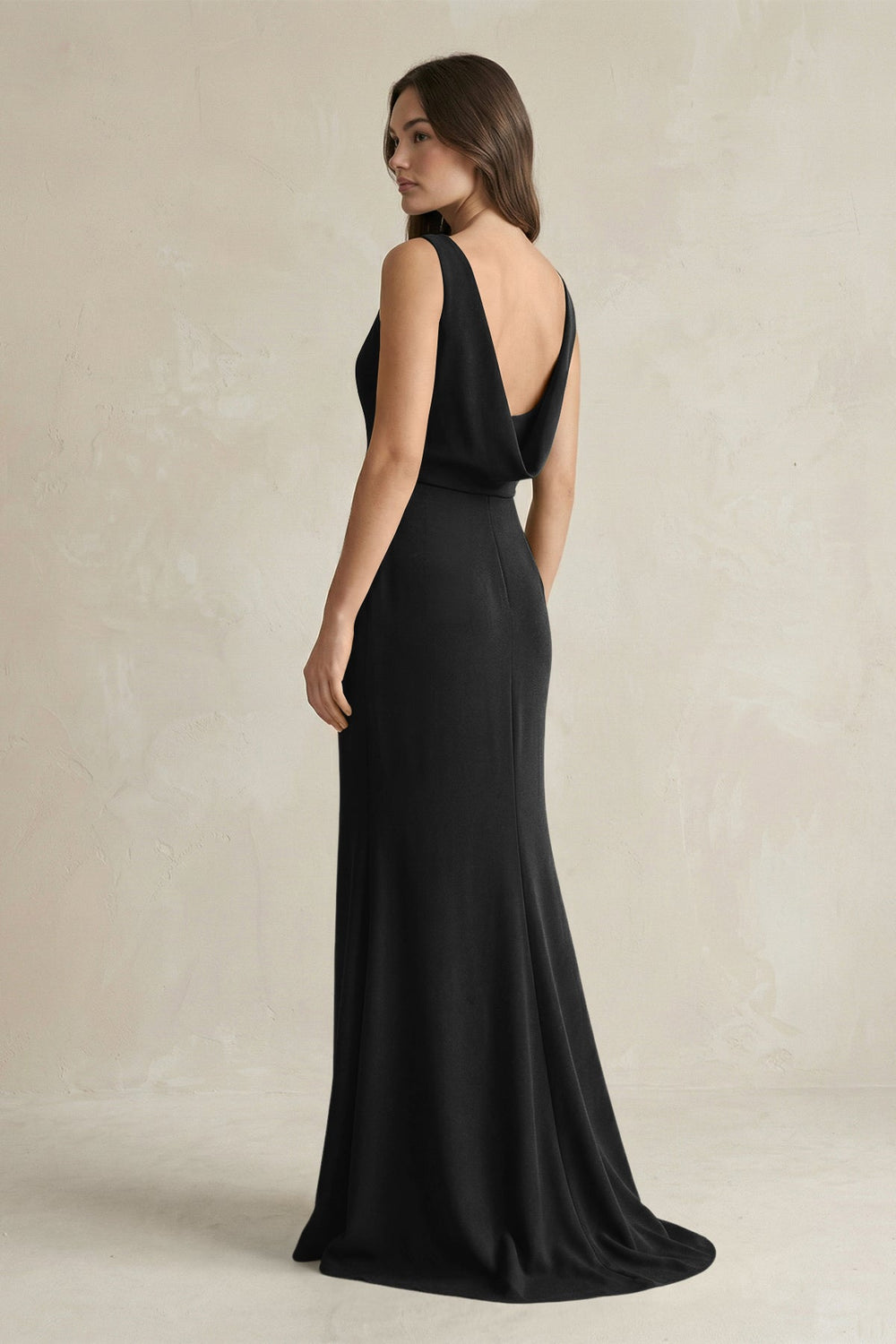 V - Neck Sheath Satin Maxi Bridesmaid Dress in Black - KISS BRIDAL Bridesmaid Dresses