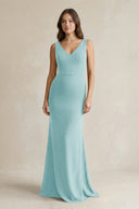 V - Neck Sheath Satin Maxi Bridesmaid Dress in Bleached Aqua - KISS BRIDAL Bridesmaid Dresses