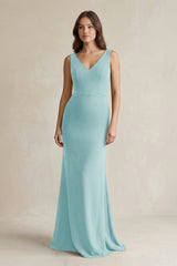 V - Neck Sheath Satin Maxi Bridesmaid Dress in Bleached Aqua - KISS BRIDAL Bridesmaid Dresses