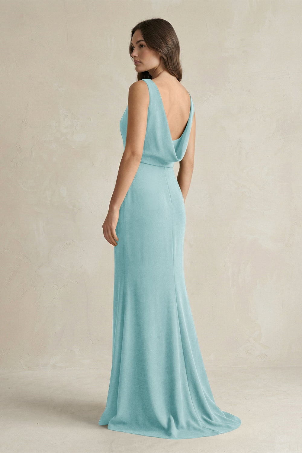 V - Neck Sheath Satin Maxi Bridesmaid Dress in Bleached Aqua - SHE IS ME Bridesmaid Dresses