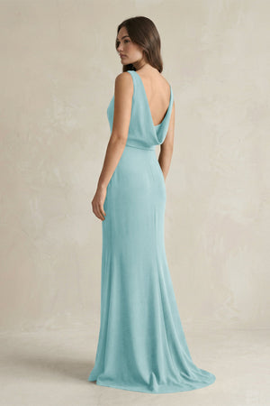 V - Neck Sheath Satin Maxi Bridesmaid Dress in Bleached Aqua - KISS BRIDAL Bridesmaid Dresses