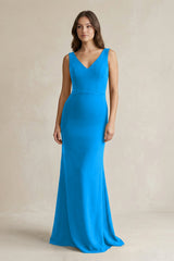 V - Neck Sheath Satin Maxi Bridesmaid Dress in Blue Jay - KISS BRIDAL Bridesmaid Dresses