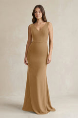 V - Neck Sheath Satin Maxi Bridesmaid Dress in Bronzer - KISS BRIDAL Bridesmaid Dresses