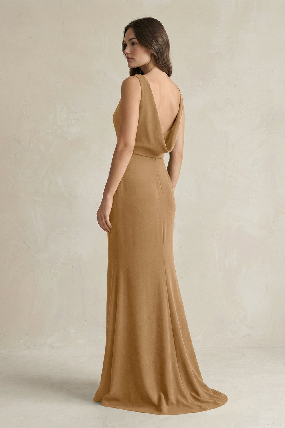 V - Neck Sheath Satin Maxi Bridesmaid Dress in Bronzer - KISS BRIDAL Bridesmaid Dresses